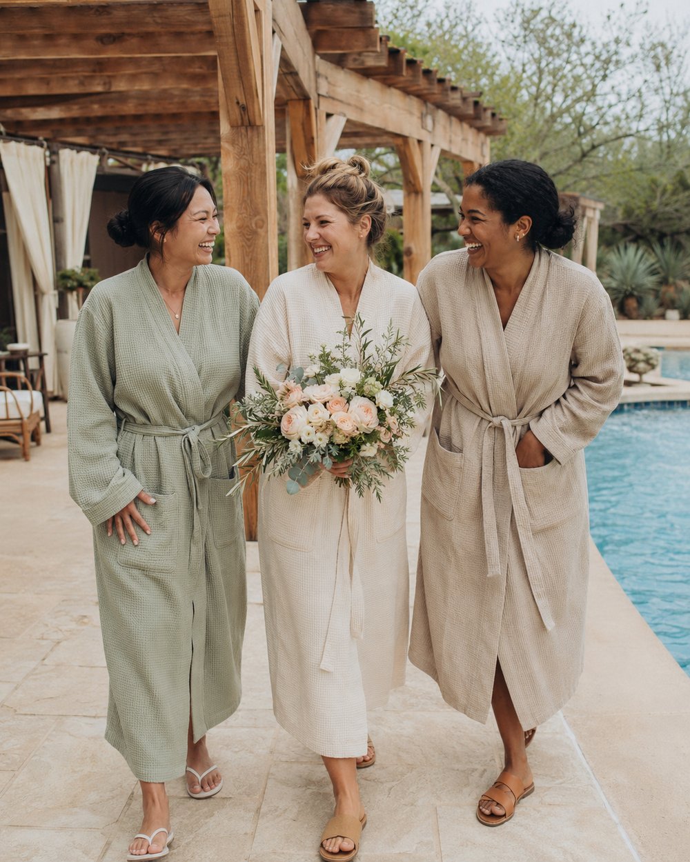 Three women in waffle robes walking together beside a pool, laughing