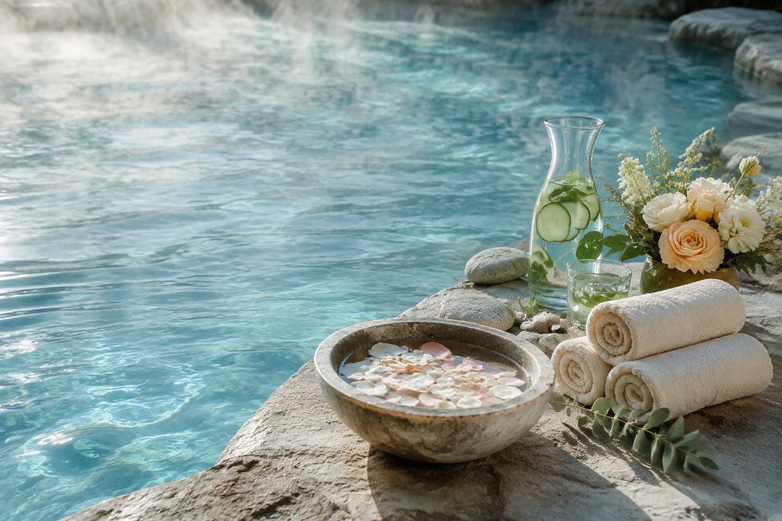 Rolled towels, a carafe of cucumber water and cream roses on a stone ledge beside a steaming turquoise mineral pool