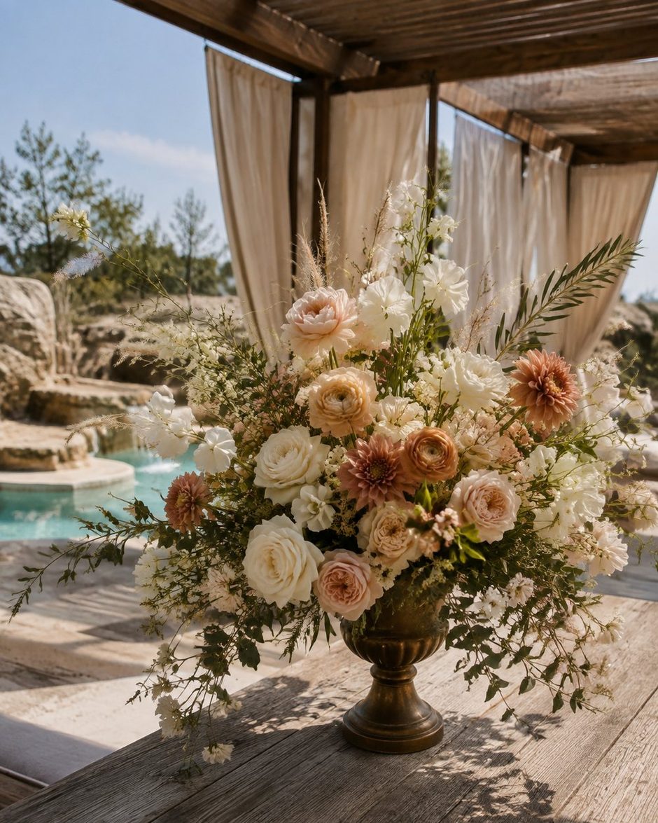 A tall arrangement of cream and blush roses, dahlias and ranunculus in a brass urn, on a timber deck beside a pool
